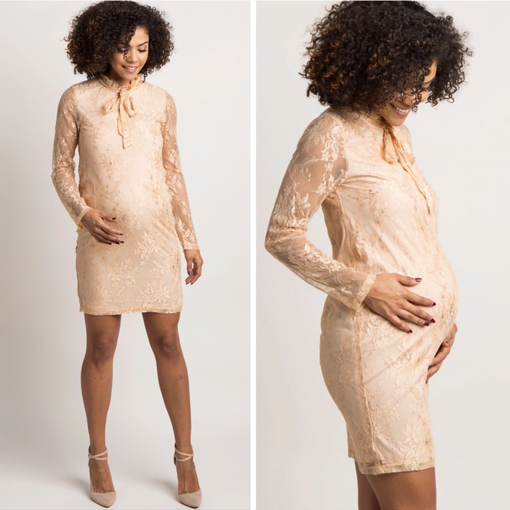 PINKBLUSH Beige Gold Lace Mesh Maternity Dress